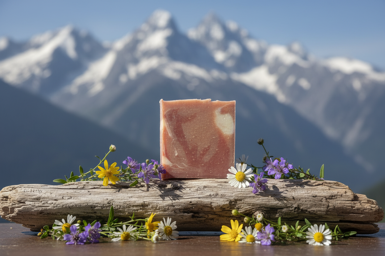 Amberwood Moss soap on driftwood with wildflowers