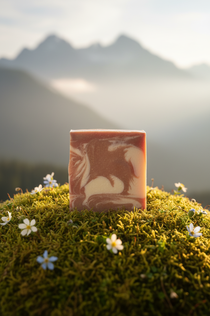 Amberwood Moss soap on moss with mountain backdrop