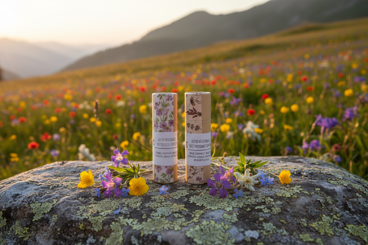Both lip butters standing together with wildflower meadow