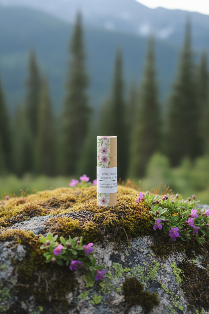 Butterscotch lip butter standing close-up with wildflowers