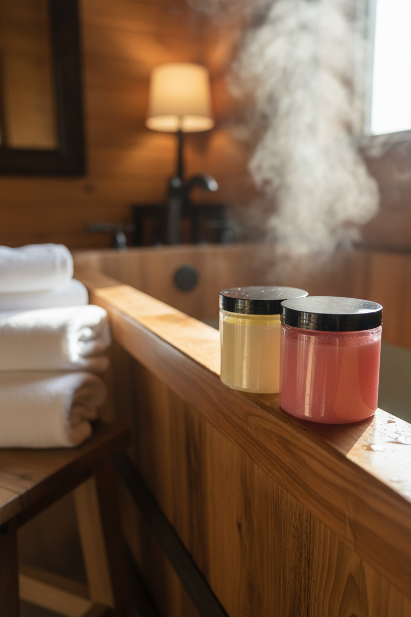 Close-up bathtub scene with scrubs