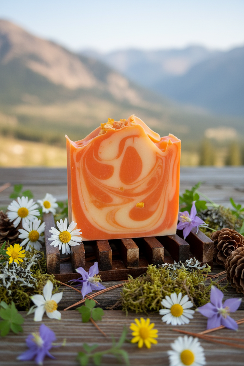 Close-up detail of Satsuma soap with alpine wildflowers