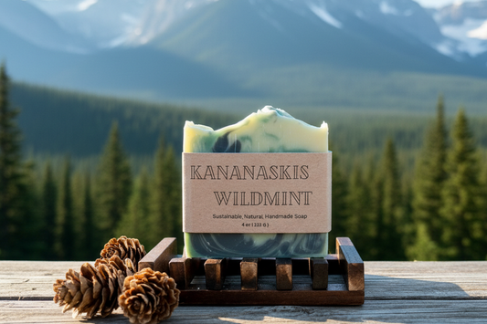 Kananaskis Wildmint Soap with Mountain and Forest Background