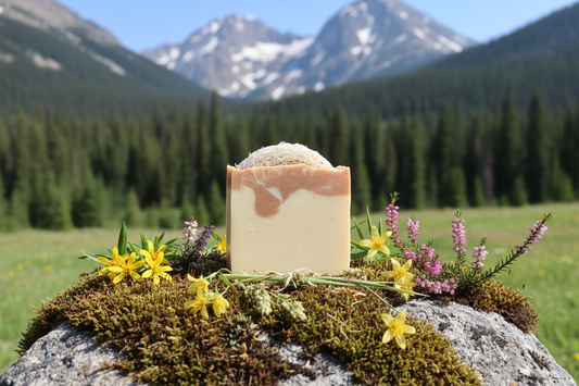 Lemongrass soap on moss with wildflowers