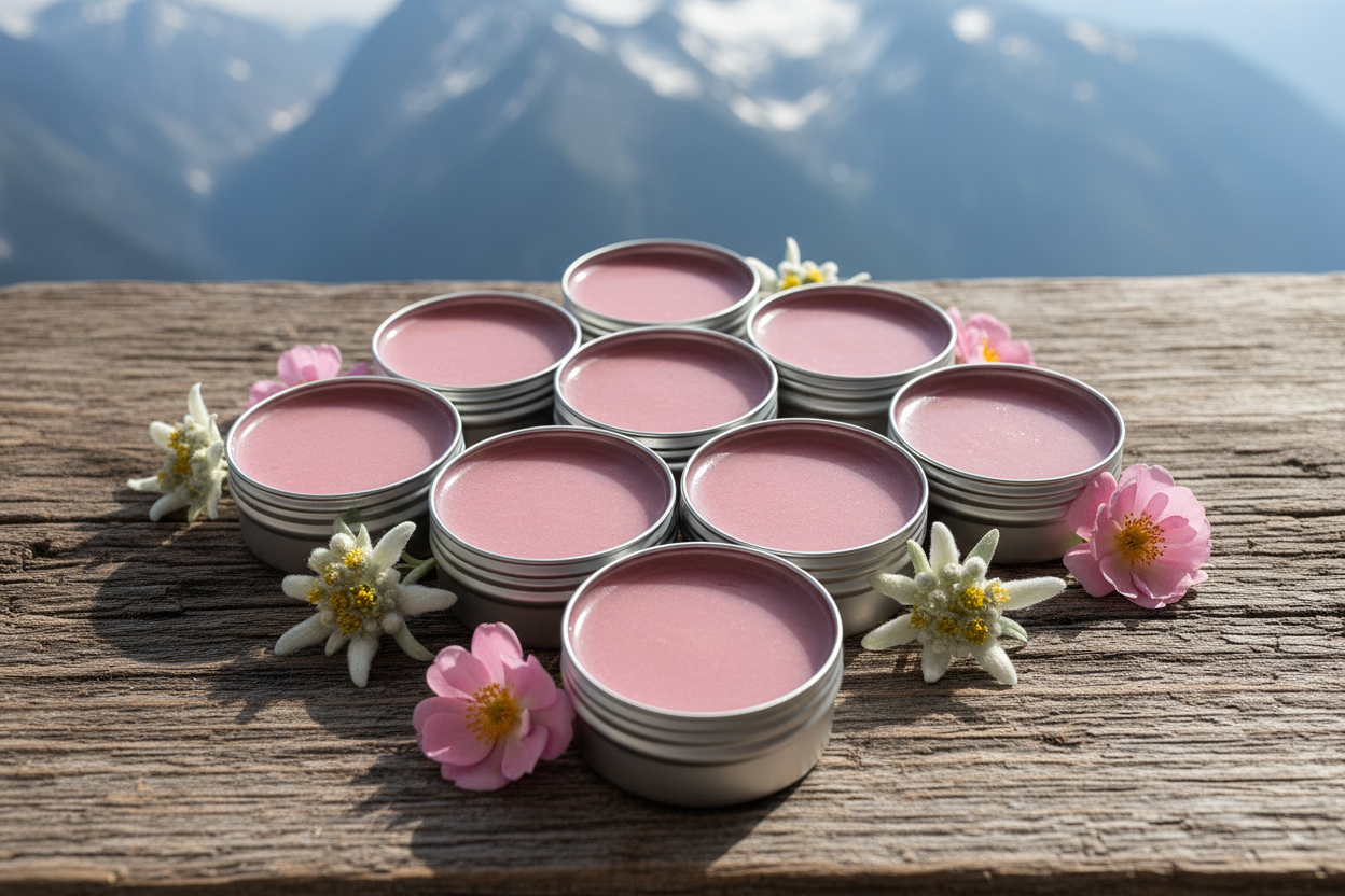 Lip scrub on wood with wildflowers