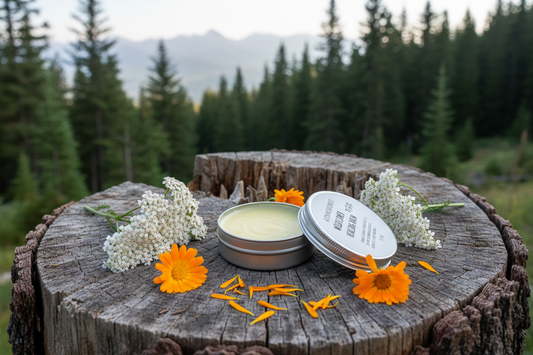 Open balm tin in forest