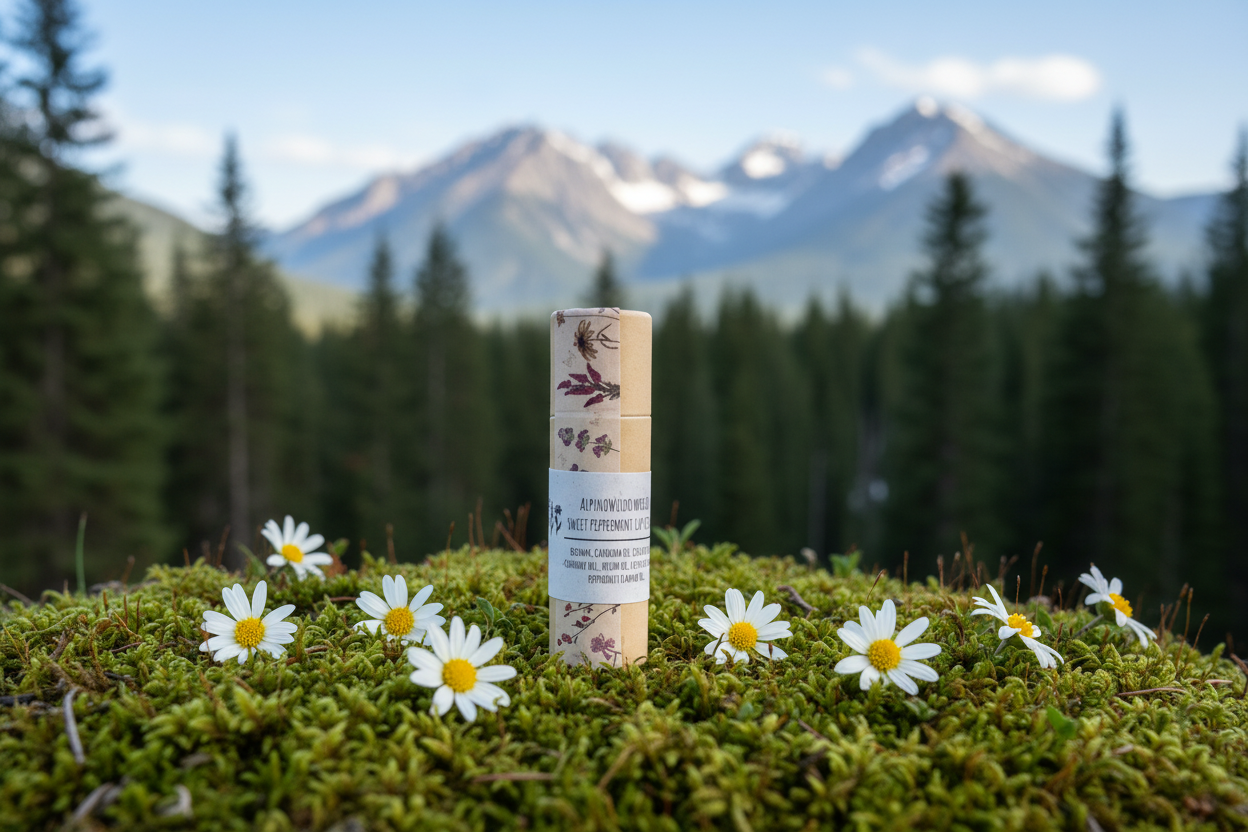 Peppermint lip butter standing in mountain forest setting