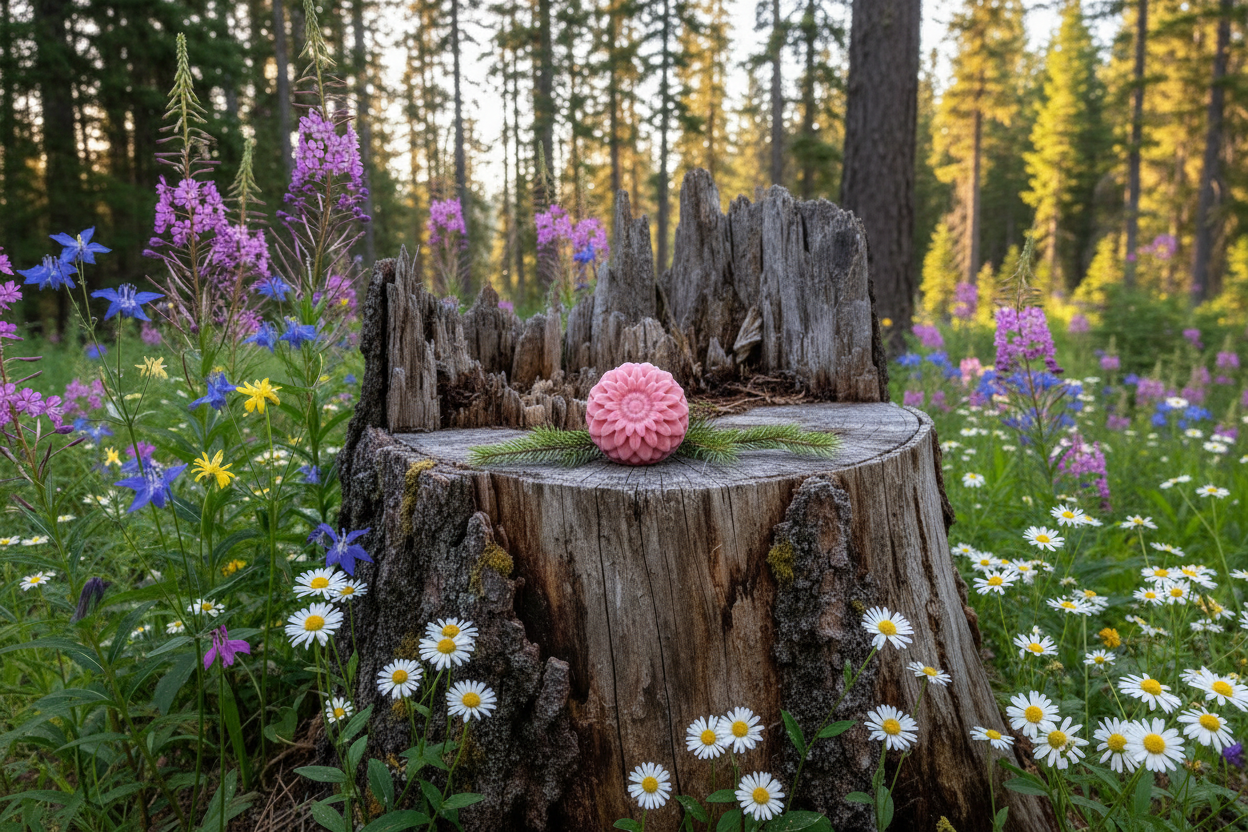 Pink round soap on tree stump with alpine flowers