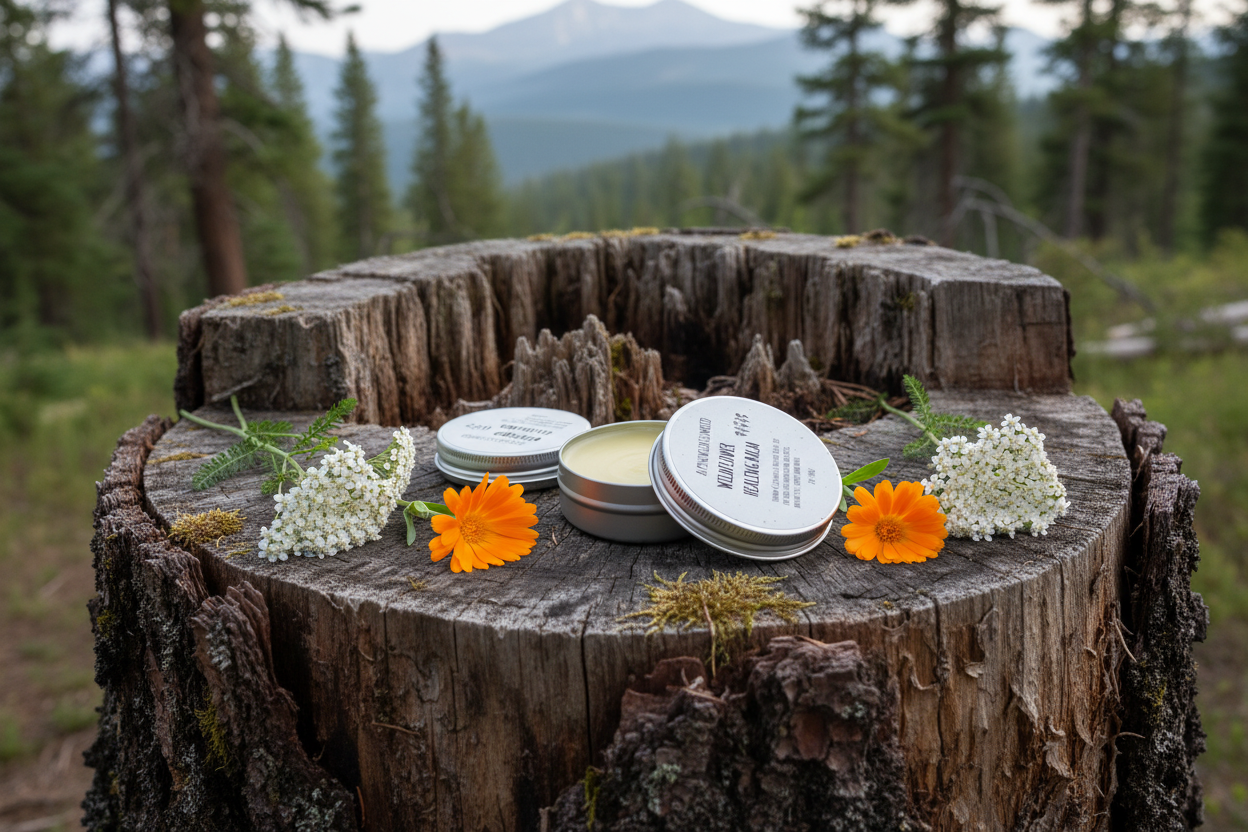 Three healing balm tins on tree stump