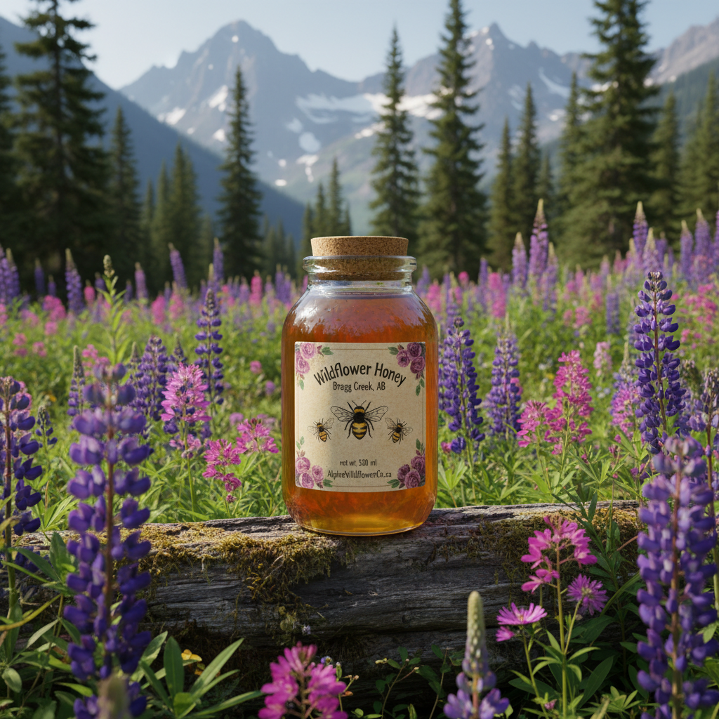 Wildflower Honey jar with original label in alpine forest