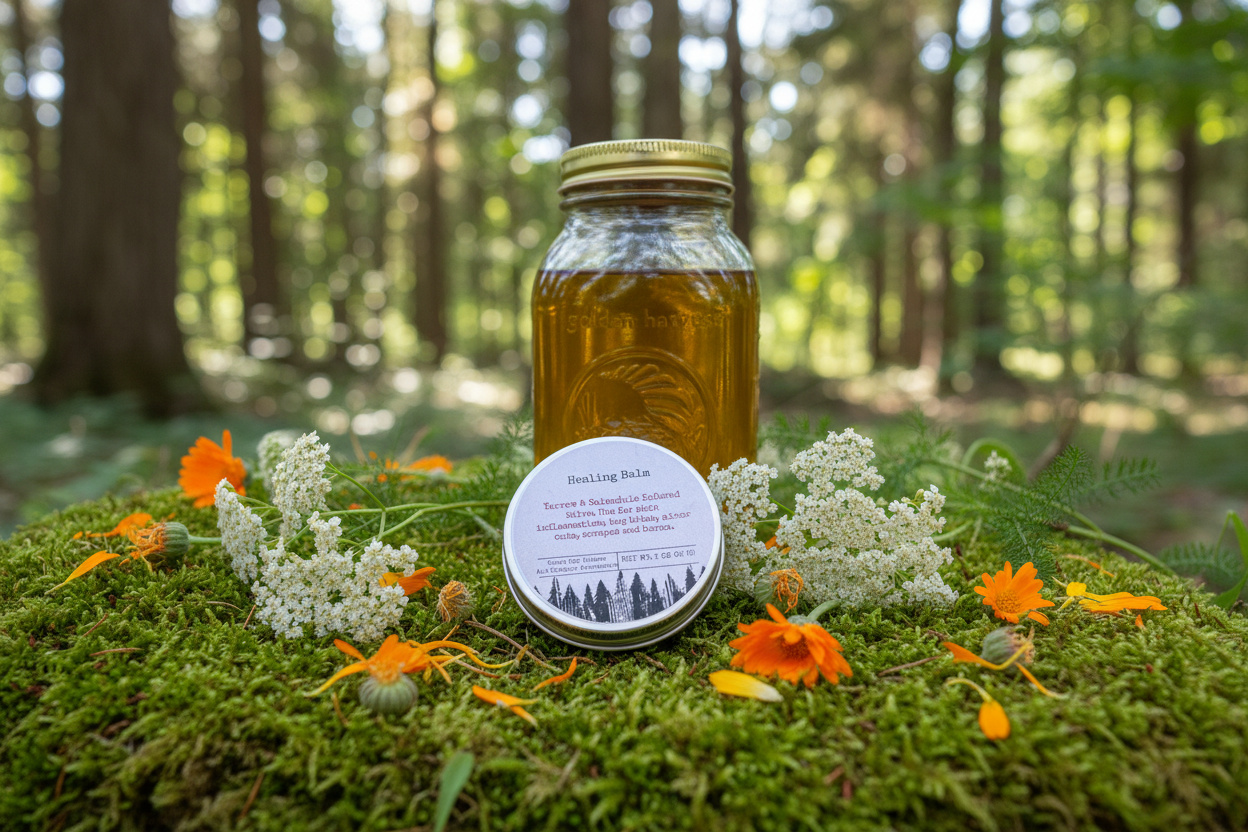 Yarrow Calendula Salve in Forest Setting